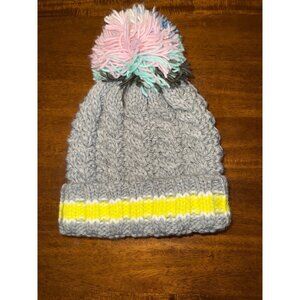 Handmade Gray Knit Pom-Pom Beanie With Yellow Stripes & Multicolor Top By Wild F
